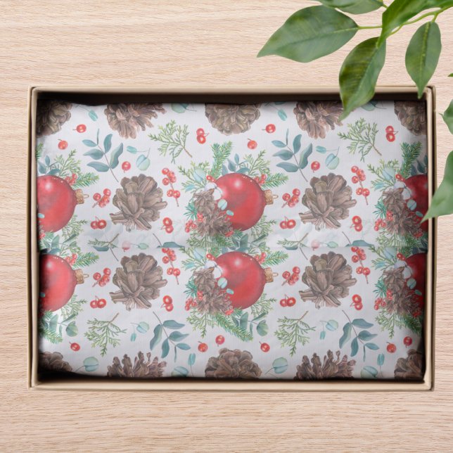 Watercolor Christmas Baubles Pine Cone Floral Tissue Paper (Creator Uploaded)