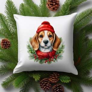 Watercolor Christmas Beagle Dog Throw Pillow