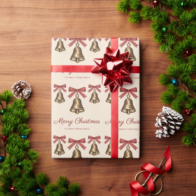 Watercolor Christmas Bells And Red Bows Festive Wrapping Paper (Holiday Gift)