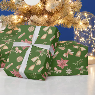 Watercolor Christmas Bells, Poinsettia Green Wrapping Paper
