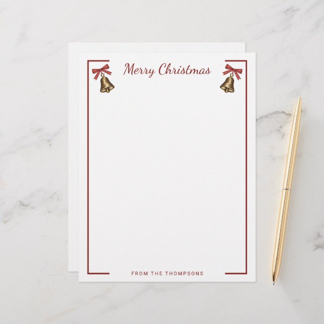 Watercolor Christmas Bells With Custom Text Letterhead (Front/Back In Situ)