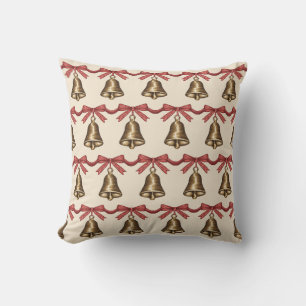 Watercolor Christmas Bells With Red Bows Pattern Throw Pillow