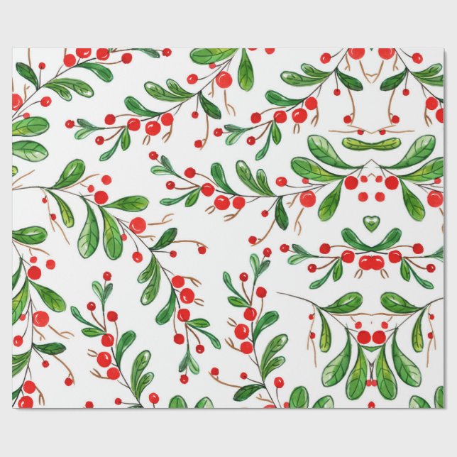Watercolor Christmas Berries Foliage Country  Wrapping Paper (Flat)