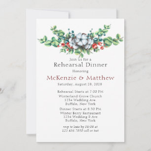 Watercolor Christmas Berry Cotton Rehearsal Dinner Invitation
