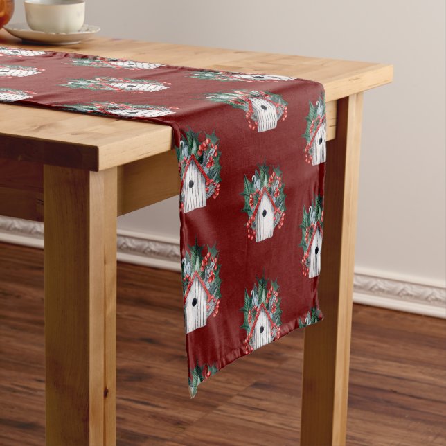 Watercolor Christmas Birdhouse Pattern  Short Table Runner (In Situ)