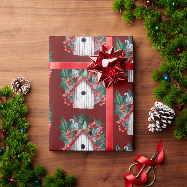 Watercolor Christmas Birdhouse Wrapping Paper (Holiday Gift)