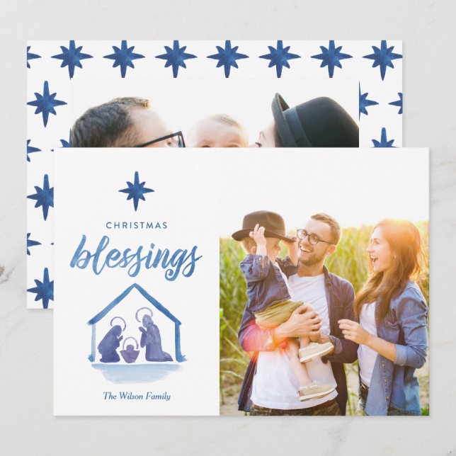 Watercolor Christmas Blessings Nativity 2-Photo Holiday Card (Front/Back)
