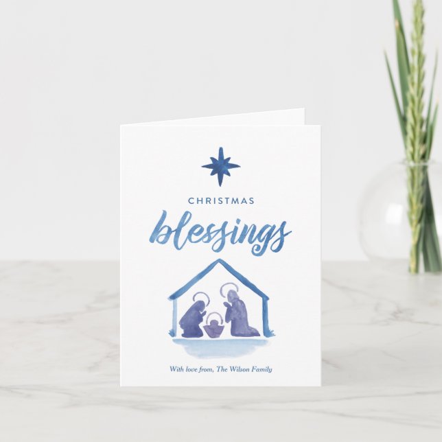 Watercolor Christmas Blessings Nativity Folded Holiday Card (Front)