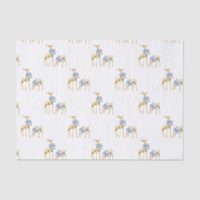Watercolor Christmas Blue Bow Chinoiserie Reindeer Tissue Paper (Front)