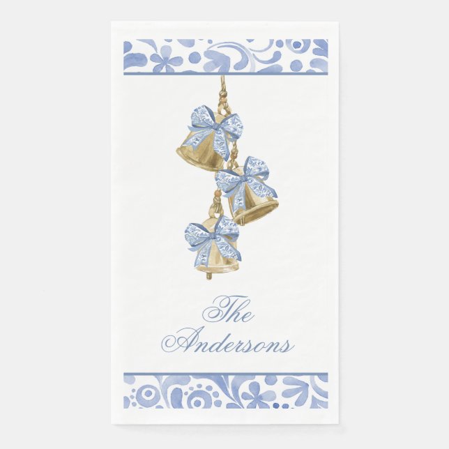 Watercolor Christmas Blue Chinoiserie Bow Bells Napkin (Front)