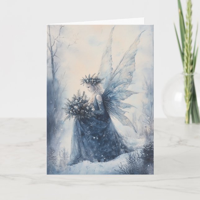 Watercolor Christmas Blue Fairy in Snowy Field Card (Front)