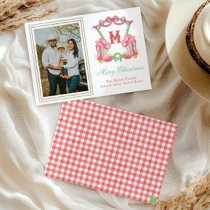 Watercolor Christmas Boots Monogram Crest Photo Holiday Card