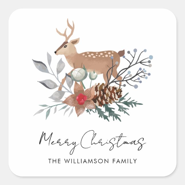 Watercolor Christmas Botanical Deer Holiday Square Sticker (Front)