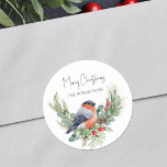 Watercolor Christmas Bullfinch Winter Bird Classic Round Sticker<br><div class="desc">Use these beautiful winter bird personalized Christmas stickers as envelopes seals or on holiday gifts,  featuring a cute watercolor bullfinch perched on a wreath of pine greenery,  holly leaves and berries.</div>