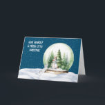 Watercolor Christmas Bunny and Snowman Holiday Card<br><div class="desc">Cute watercolor snowman in a snow globe with pine trees and a curious rabbit with snowflakes on a blue sky background.
Background colour can be changed.
All text is editable.</div>