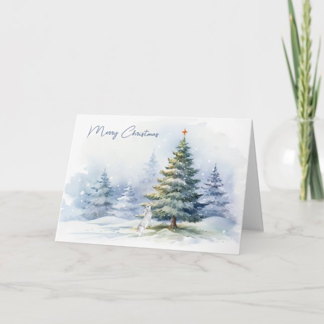Watercolor Christmas Bunny Winter Pines Holiday Card (Front)