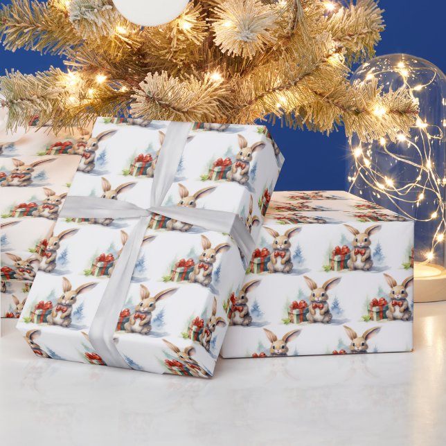 Watercolor Christmas Bunny With Gifts Wrapping Paper (Holidays)