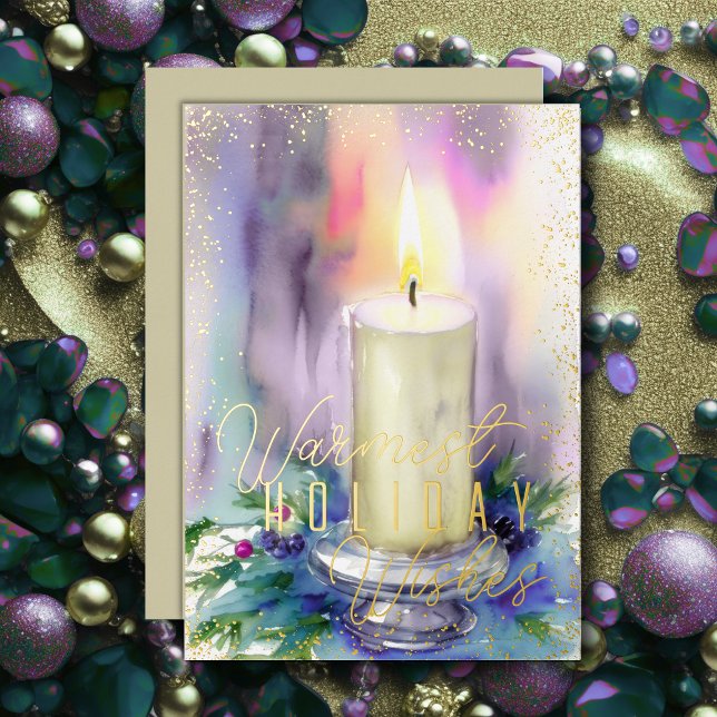 Watercolor Christmas Candle Ivory Foil Holiday Card (Creator Uploaded)