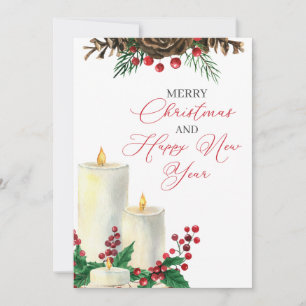 Watercolor Christmas Candles Berries Pine Cones Holiday Card