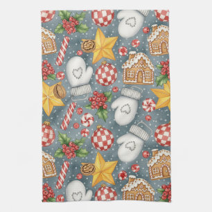 Watercolor Christmas Candy Cane Gingerbread Kitchen Towel