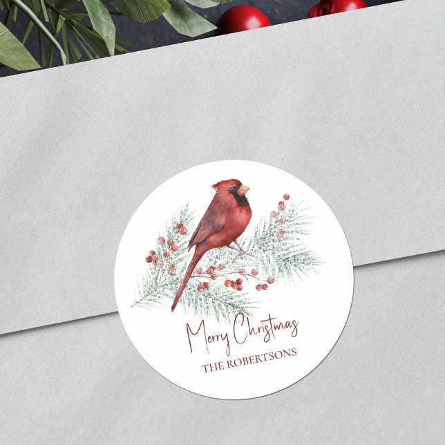 Watercolor Christmas Cardinal Winter Pine Classic Round Sticker (Creator Uploaded)