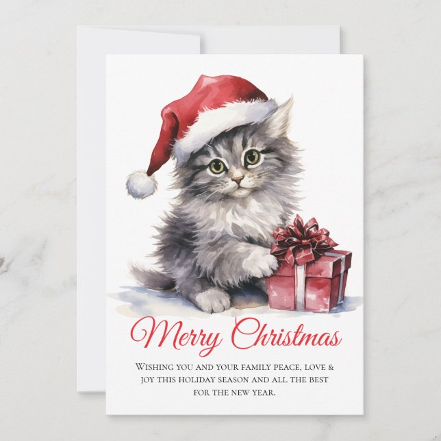 Watercolor Christmas Cat - Non Photo Holiday Card (Front)