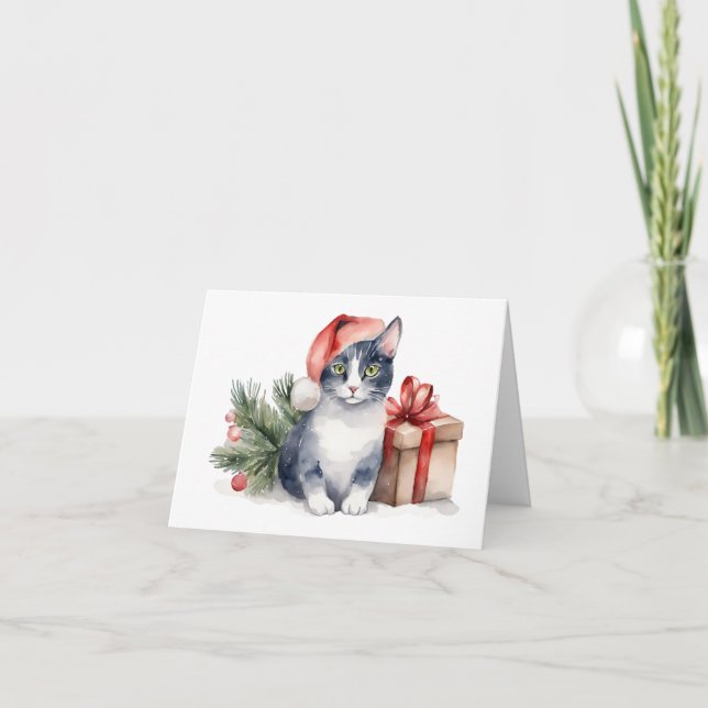 Watercolor Christmas Cat with Present Card (Front)