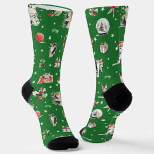Watercolor Christmas Cats Whimisical Socks