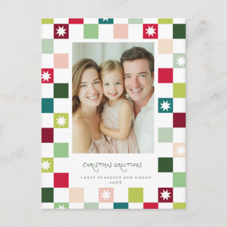 Watercolor Christmas Chequered Stars Design Holiday Postcard
