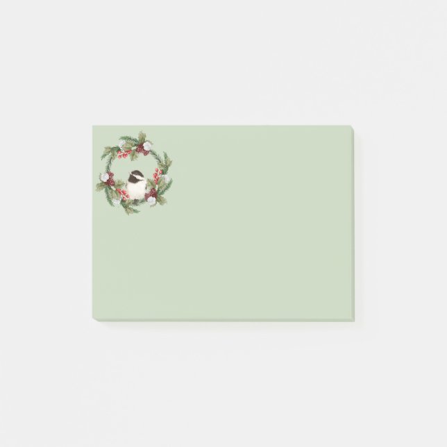 Watercolor Christmas Chickadee Bird Holly Wreath  Post-it Notes (Front)