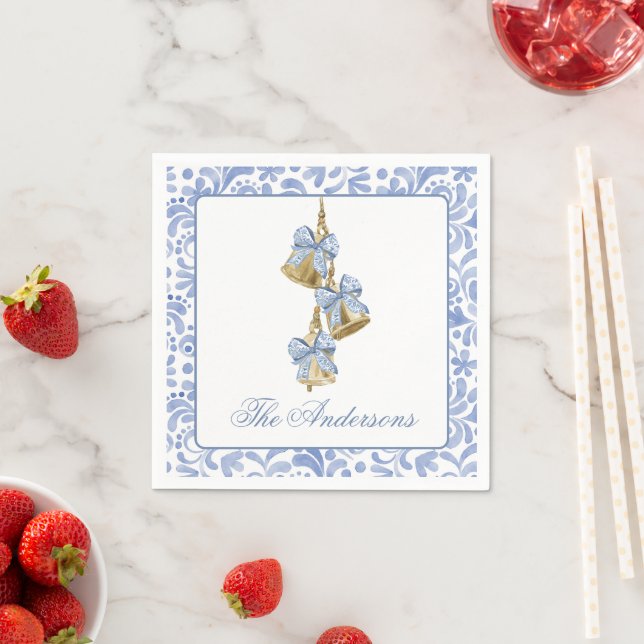 Watercolor Christmas Chinoiserie Bow Bells Napkin (Insitu)