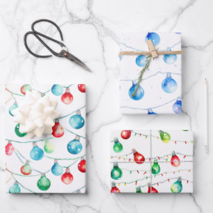 Watercolor Christmas Colourful String Lights Wrapping Paper Sheet