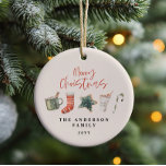Watercolor Christmas cookie drinks candy cane  Ceramic Ornament<br><div class="desc">A fun festive design featuring watercolor winter favourites - hot chocolate,  candy cane,  stocking. Merry Christmas in contemporary script font,  perfect to celebrate the holiday season. The ornament can be edited,  part of a collection.</div>