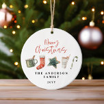 Watercolor Christmas cookie drinks candy cane  Ceramic Ornament<br><div class="desc">A fun festive design featuring watercolor winter favourites - hot chocolate,  candy cane,  stocking. Merry Christmas in contemporary script font,  perfect to celebrate the holiday season. The ornament can be edited,  part of a collection.</div>