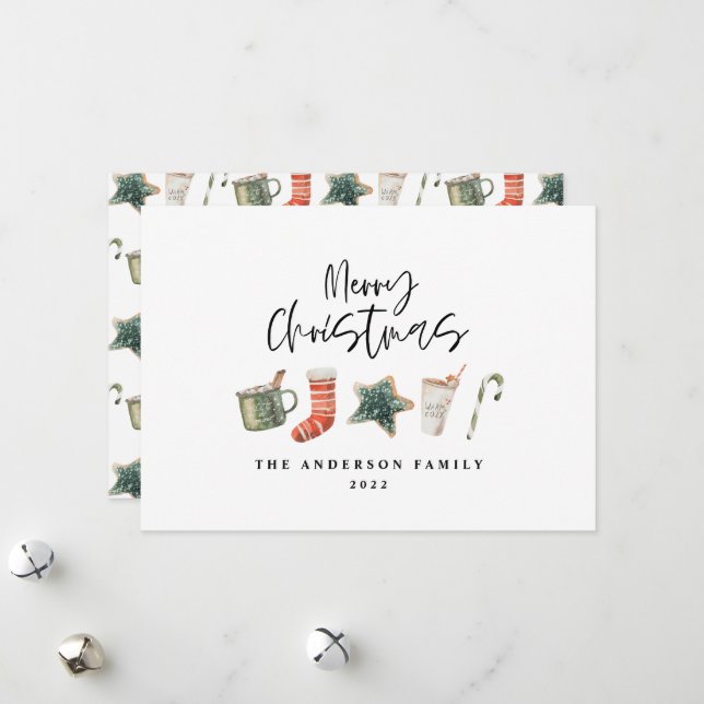 Watercolor Christmas cookie drinks candy cane Holi Holiday Card (Front/Back In Situ)