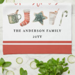 Watercolor Christmas cookie drinks candy cane  Kit Kitchen Towel<br><div class="desc">A fun festive design featuring watercolor winter favourites - hot chocolate,  candy cane,  stocking. Merry Christmas in contemporary script font,  perfect to celebrate the holiday season. can be edited,  part of a collection.</div>