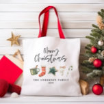 Watercolor Christmas cookie drinks candy cane Tote<br><div class="desc">A fun festive mug design featuring watercolor winter favourites - hot chocolate,  candy cane,  stocking. Merry Christmas in contemporary script font,  perfect to celebrate the holiday season. can be edited,  part of a collection.</div>