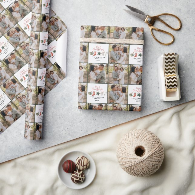 Watercolor Christmas cookie multi photo rustic Wrapping Paper (Crafts)