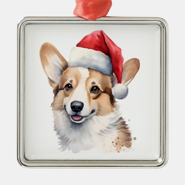 Watercolor Christmas Corgi Ornament (Front)