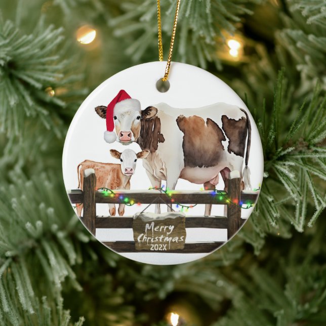 Watercolor Christmas Cow With Hat Ceramic Ornament (Tree)