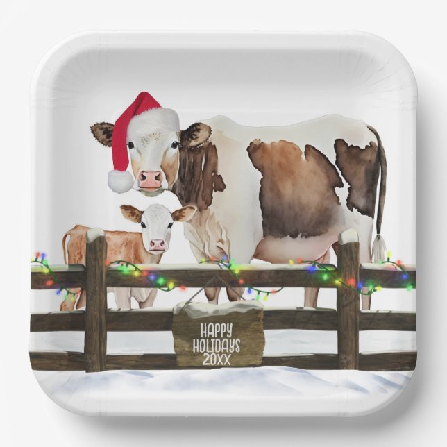 Watercolor Christmas Cows With Santa Hat Paper Plate (Front)