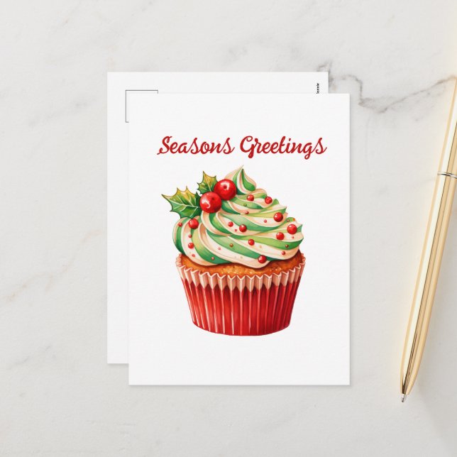 Watercolor Christmas cupcake add text Holiday  (Front/Back In Situ)