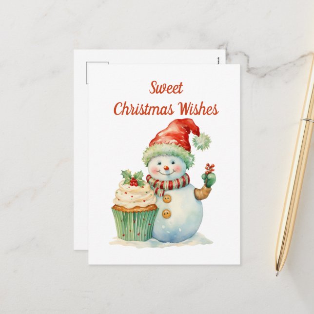 Watercolor Christmas cupcake snowman add text Holiday Postcard (Front/Back In Situ)