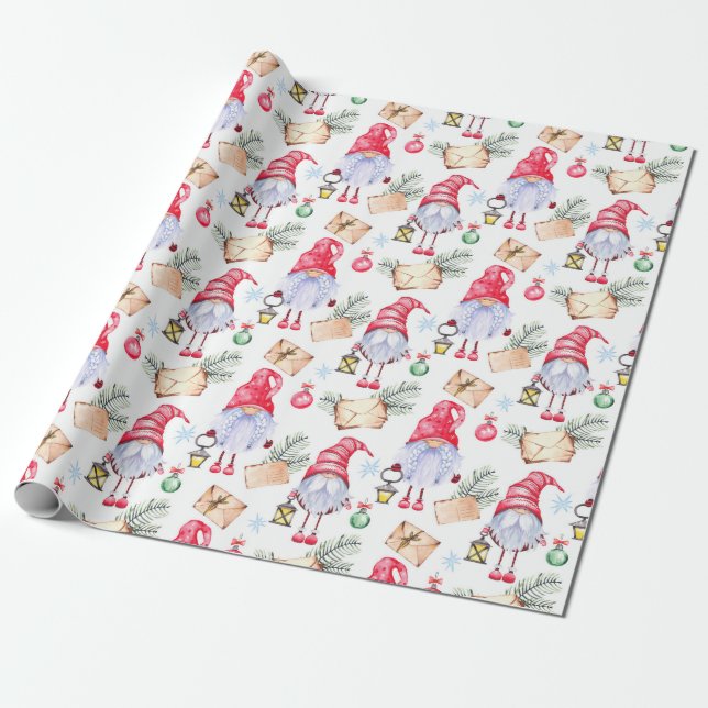 Watercolor Christmas Cute Gnomes Holiday Wrapping Paper (Unrolled)