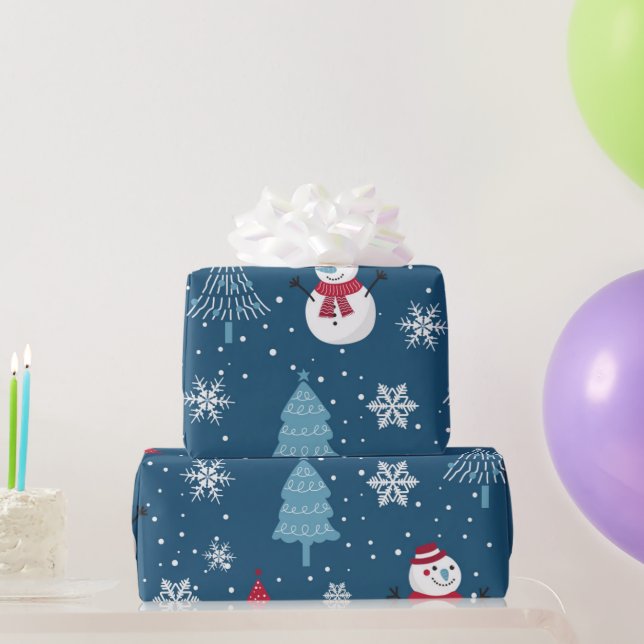 Watercolor Christmas Cute Snowman trees Art Wrapping Paper (Party Gifts)
