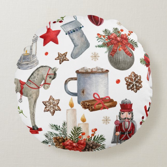 Watercolor christmas decoration pattern round pillow (Front)