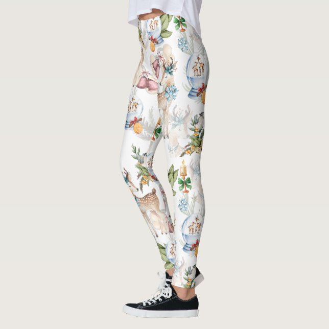 Watercolor Christmas Deer and Winter Bird Leggings (Left)