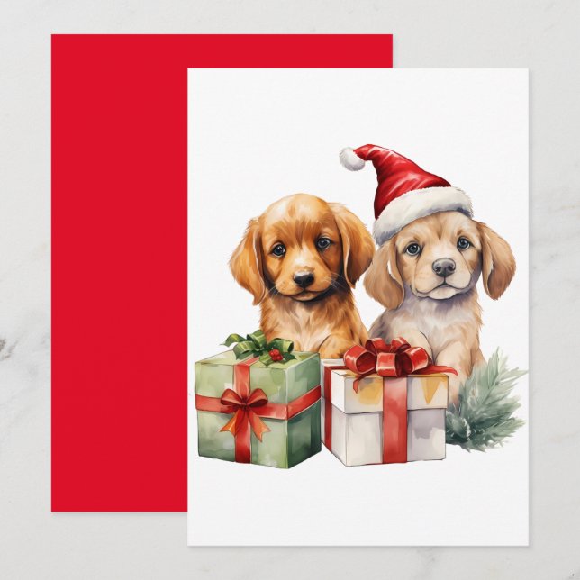 Watercolor Christmas Dog with Gifts  Invitation (Front/Back)
