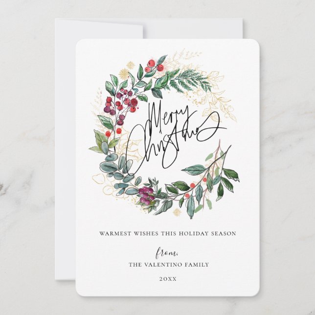 Watercolor Christmas Doodle Wreath Holiday Card (Front)