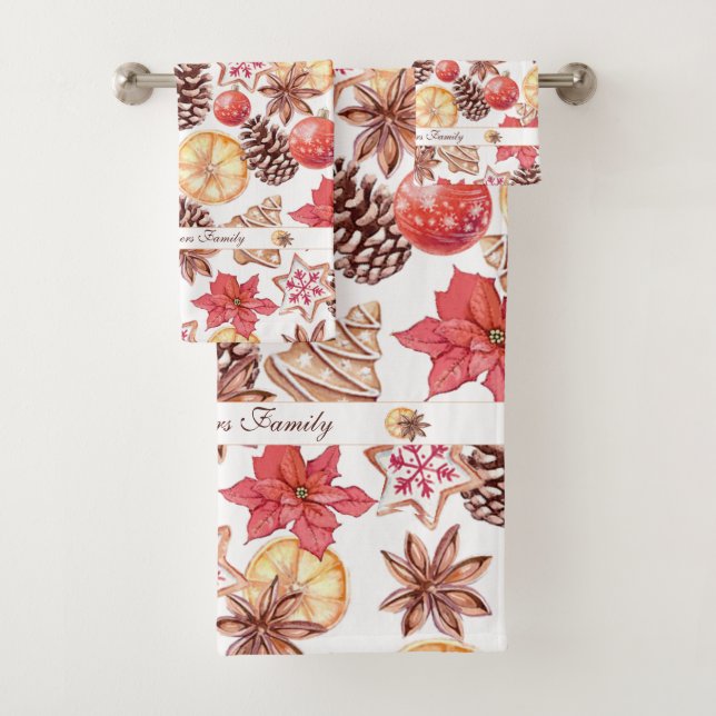 Watercolor Christmas Elements Seamless Pattern Bath Towel Set (Insitu)